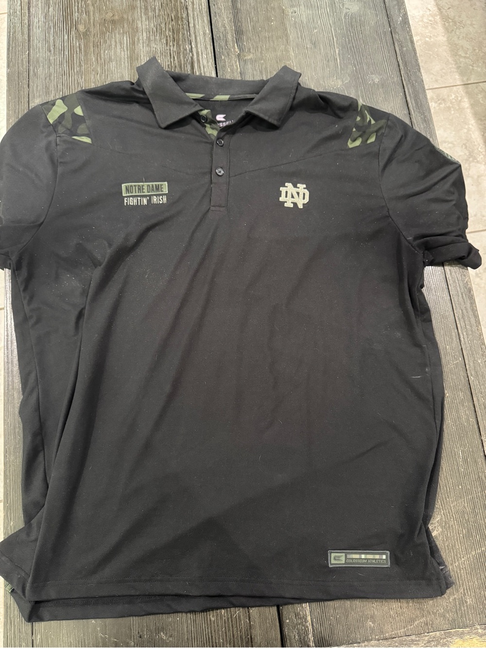 Colosseum Black Polo with Olive Green Notre Dame Logos